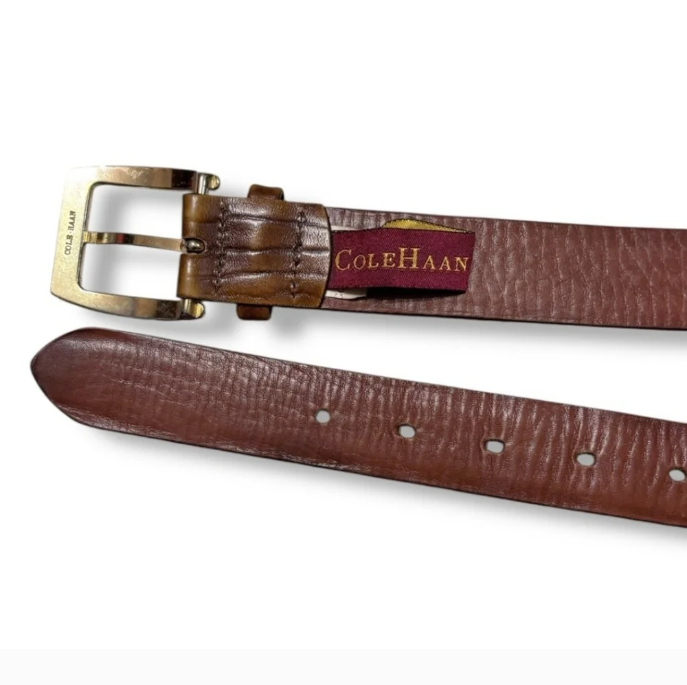 COLE HAAN Brown Leather Dress Belt Square Gold Tone Buckle Size 36 VINTAGE